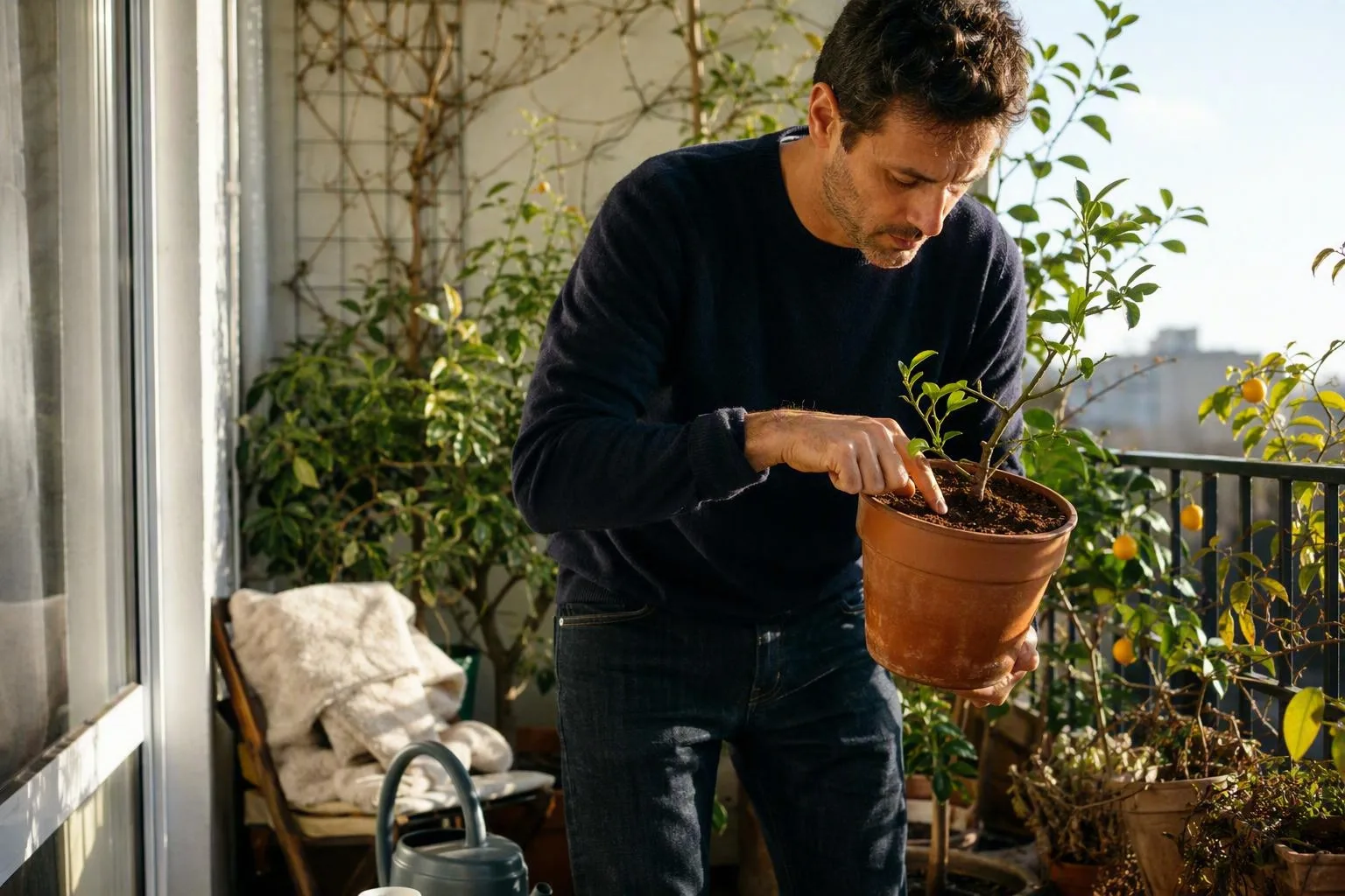 A grower lifts a potted citrus tree to judge its weight before watering.