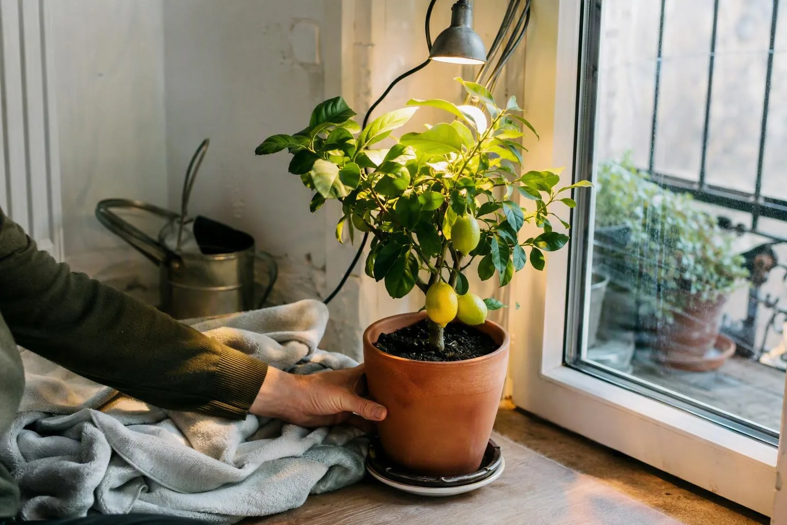 A hand turns a potted lemon and lime tree toward a bright window beneath a small grow light.