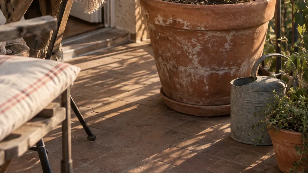 A fruiting fig tree grows in a large pot on a sunny balcony beside pruning tools and winter fleece.