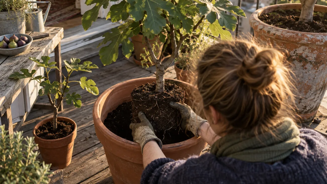 Hands guide an established fig toward a medium pot beside smaller and larger containers, showing its growth stages.