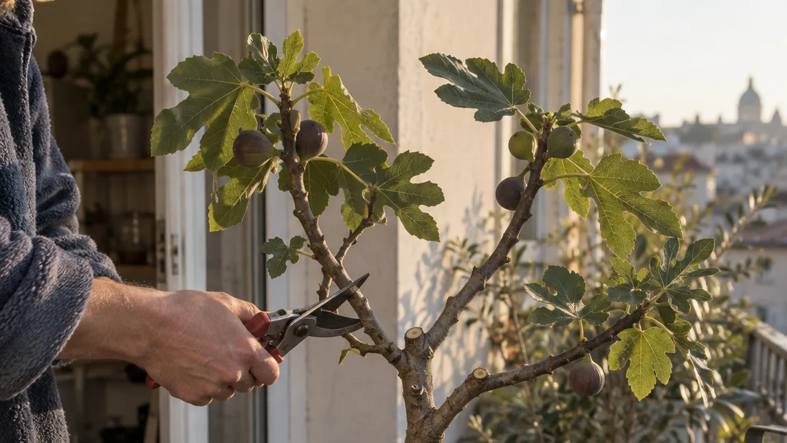 A gardener trims one branch on a potted fig, leaving an open framework that helps keep the tree compact.