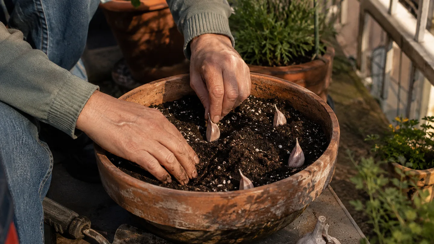 Hands place garlic cloves point-up in a balcony pot, demonstrating the correct planting depth and spacing.