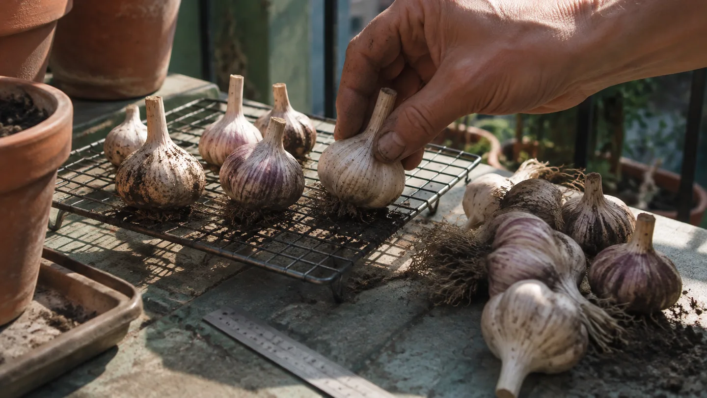 Freshly lifted bulbs dry on a balcony rack before storage, marking a healthy harvest.