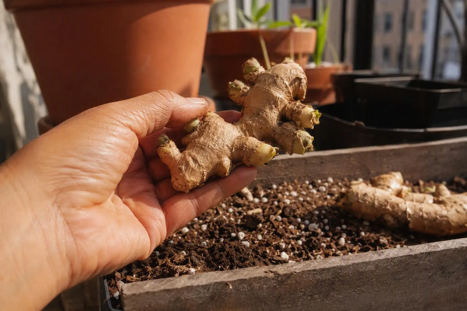A hand holds a firm ginger piece with raised buds beside a pot, showing it is ready to plant.