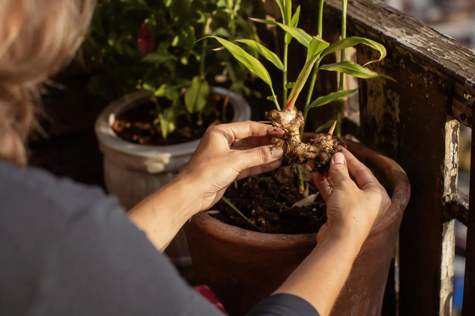 Hands gently lift a young ginger rhizome while the plant stays rooted in its sunlit balcony pot.