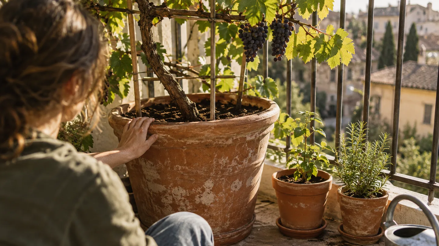 A large pot holding a grapevine stands beside smaller balcony pots to show the space grapes need to grow.