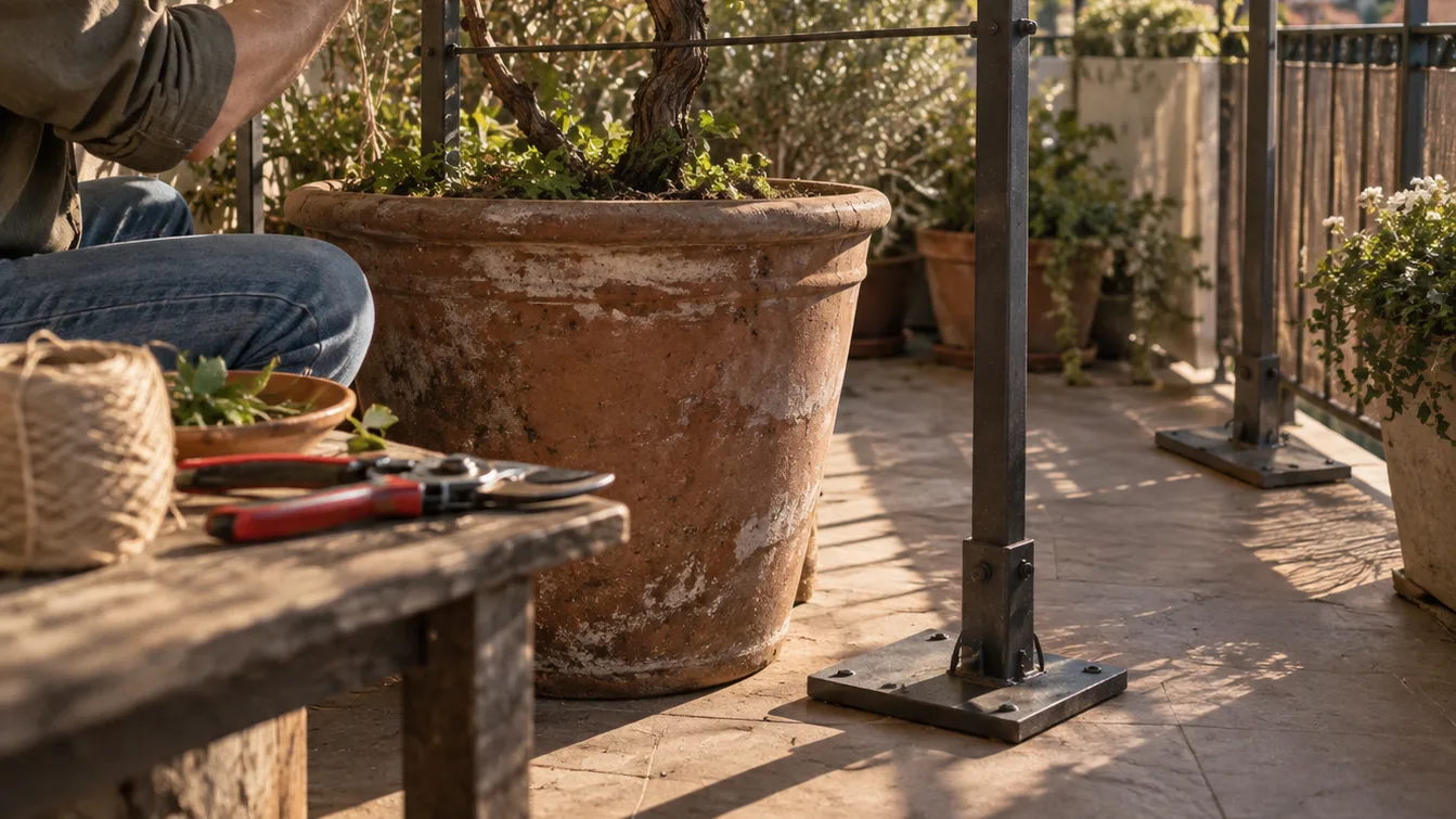 A freestanding trellis supports a leafy grapevine beside its pot, showing the support is separate from the container.