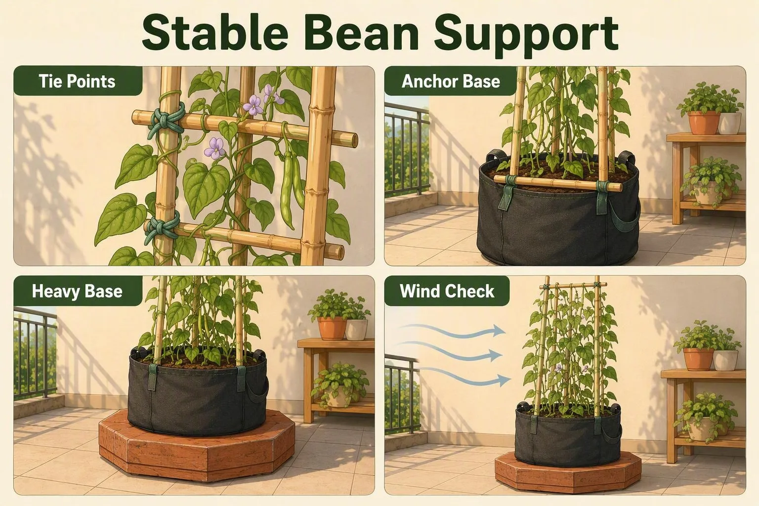 A four-part diagram explains trellis ties, base anchoring, added pot weight and a wind-stability check.