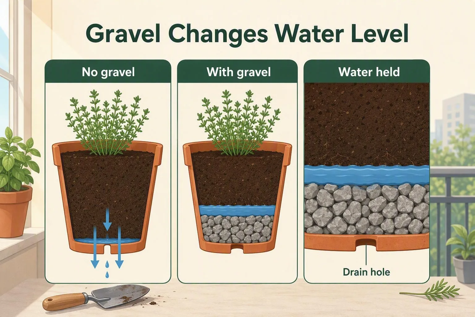 A pot cross-section shows water held above coarse gravel beneath herb-growing soil, clarifying where moisture collects.