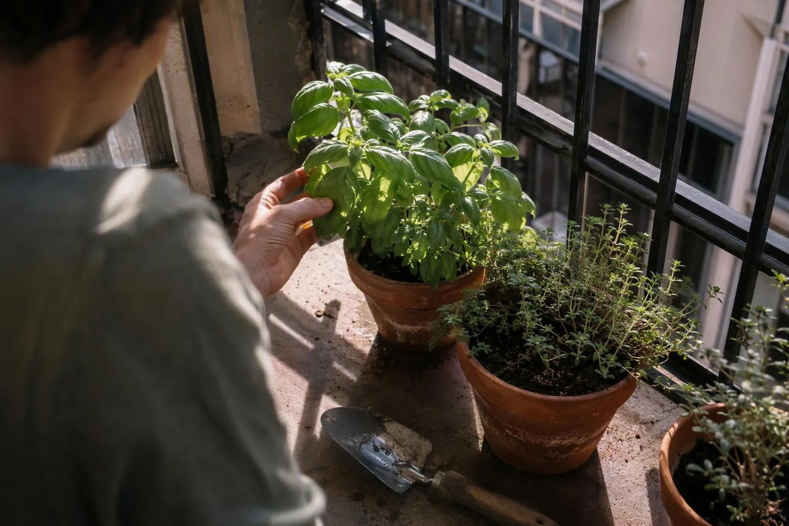 A hand checks herb leaves where railing shadows divide sunlit and shaded pots on a small balcony.