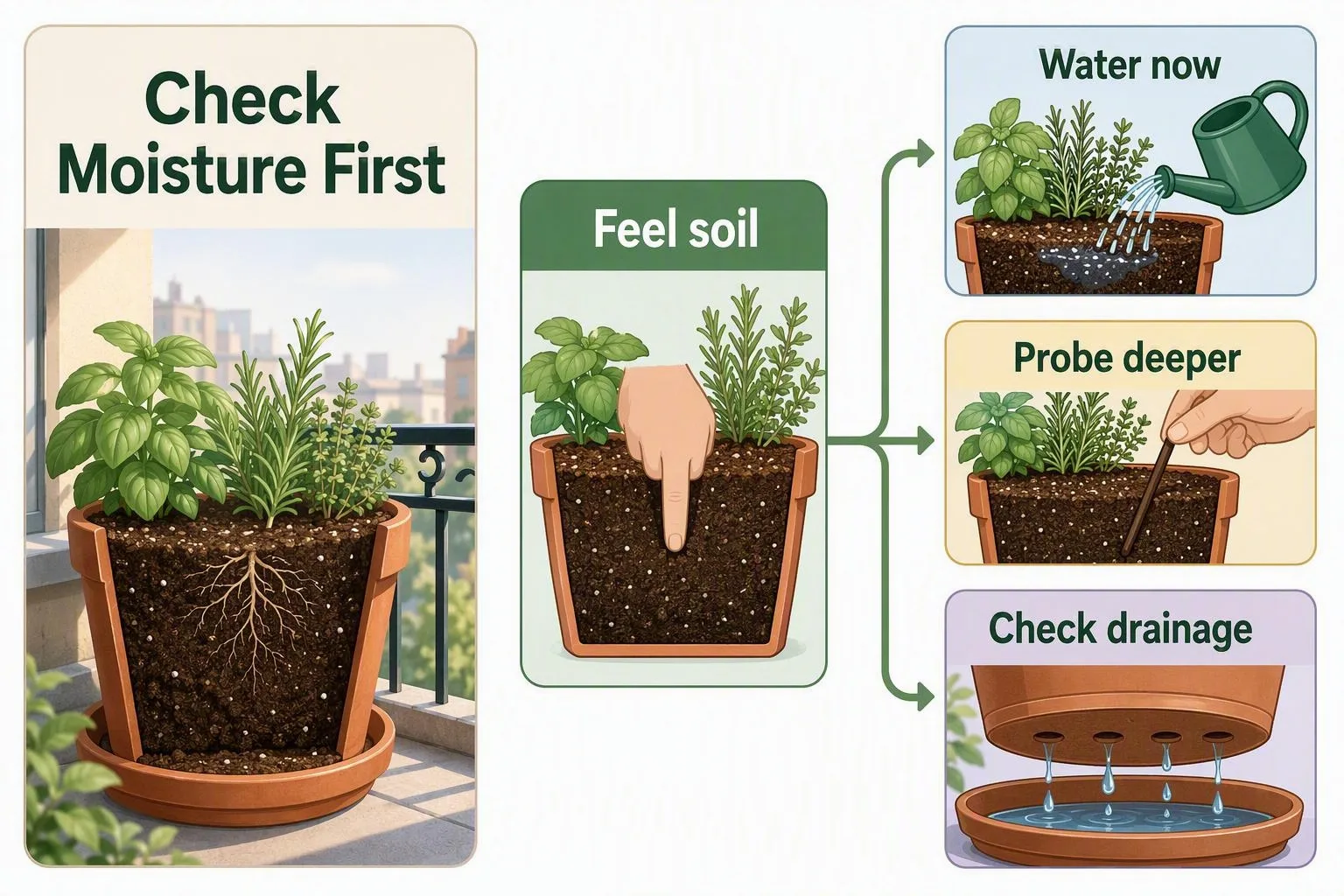 A guide shows when to water herbs, probe deeper, or inspect drainage based on soil moisture.