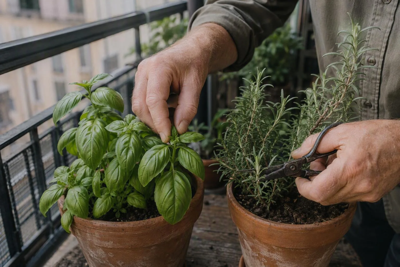 Hands trim basil above a leaf pair and rosemary above a side shoot, showing where to cut for fuller growth.