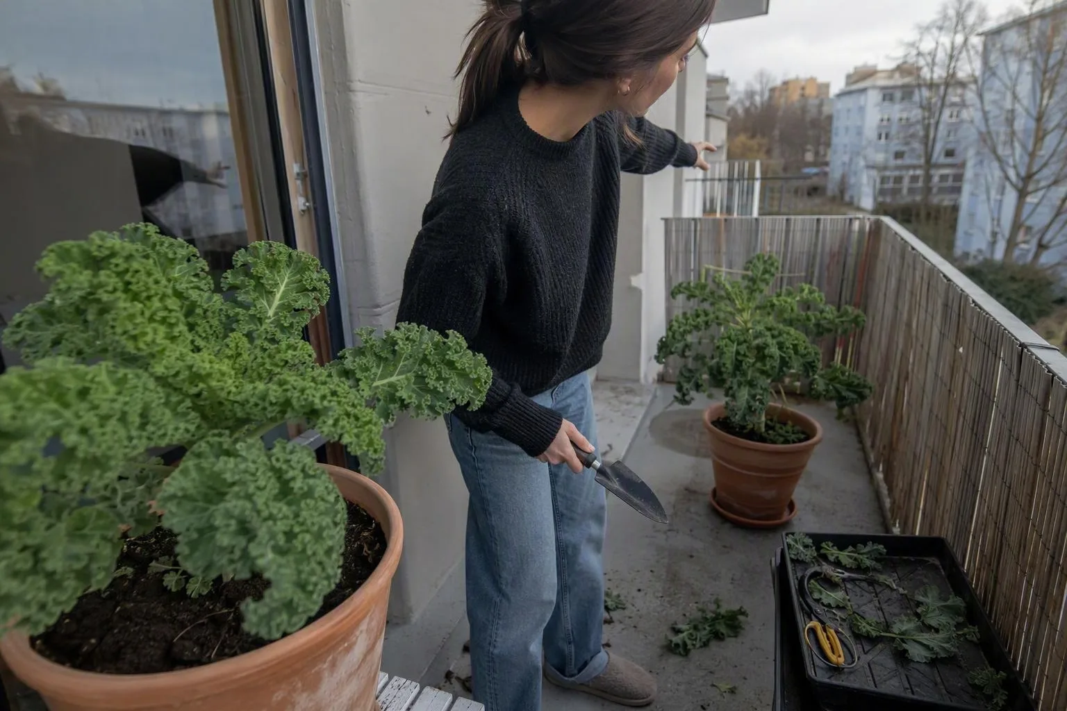 A grower compares two kale pots in different balcony positions to judge which gets better daylight.