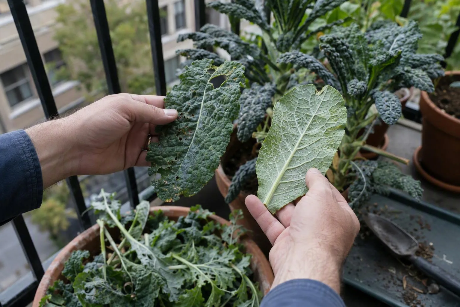 Hands turn over damaged kale leaves to inspect them before choosing a treatment.