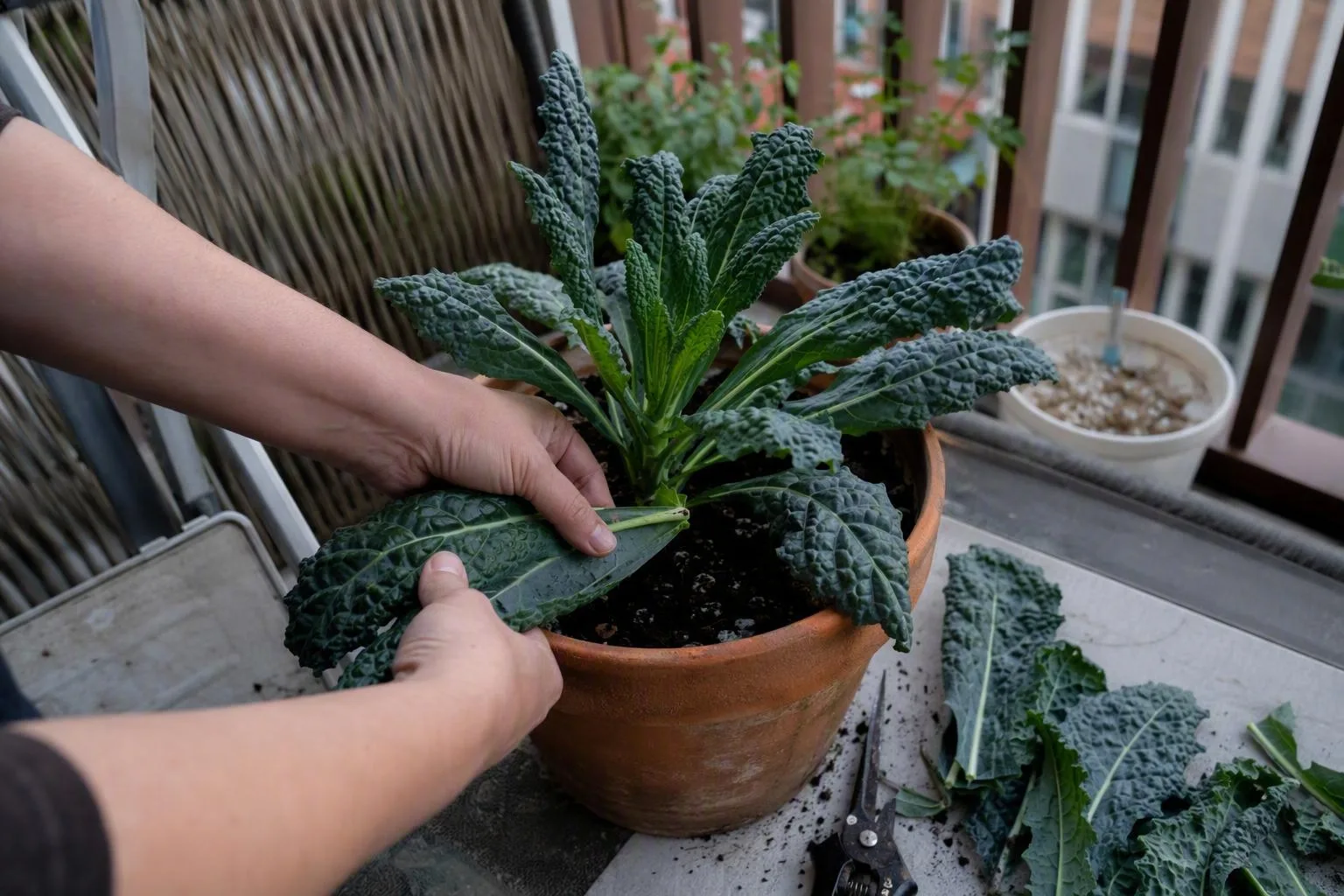Hands pick an outer kale leaf while the plant’s central growing point remains intact in its pot.