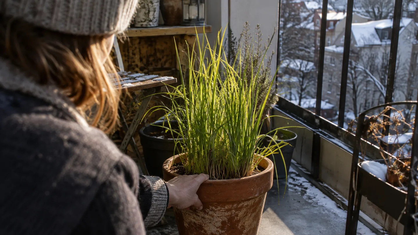 A lemongrass pot sits in a sunny patch on an otherwise shaded balcony, showing where the container gets direct sun.