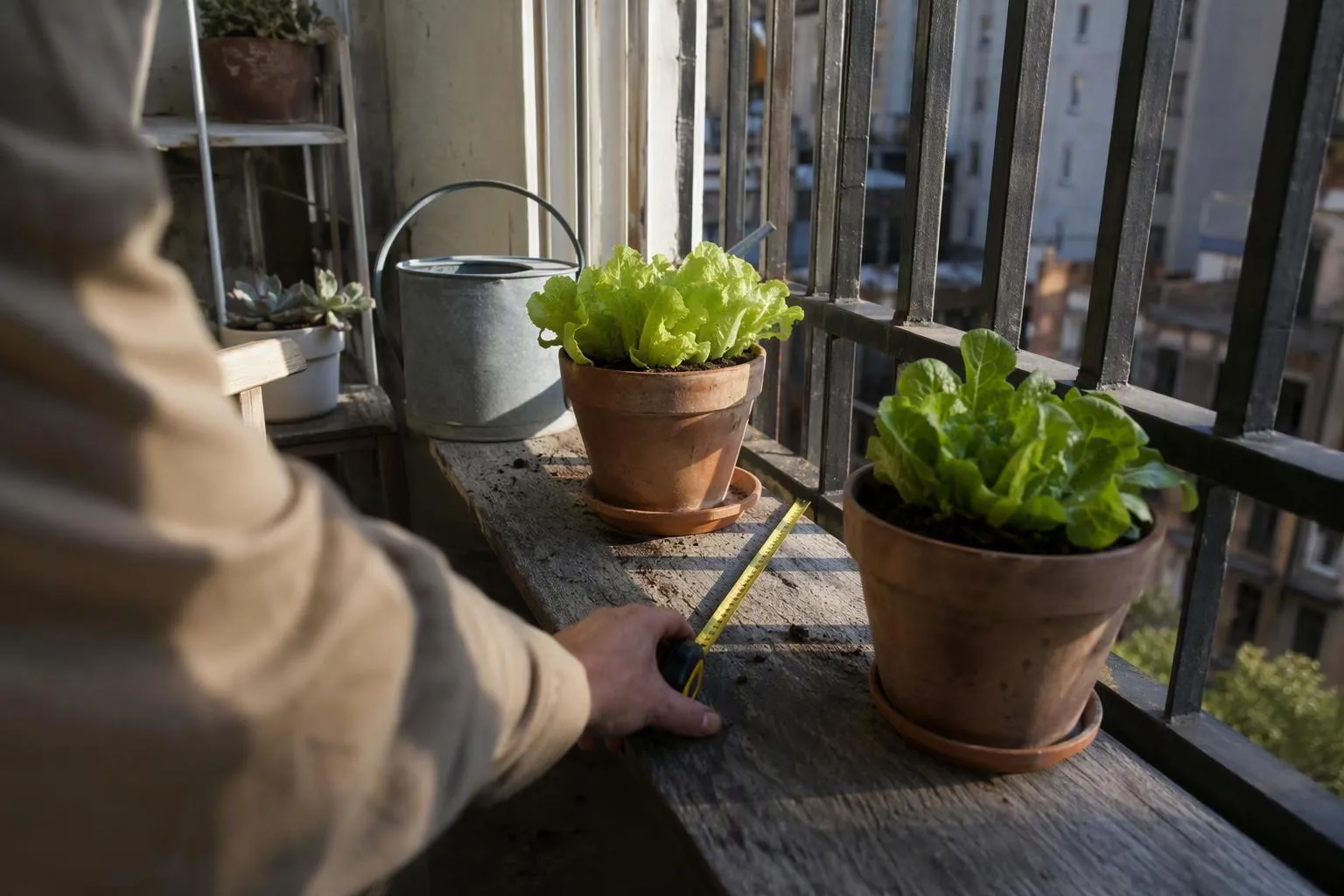 A hand measures the shifting sunny edge beside two lettuce pots on a small balcony.