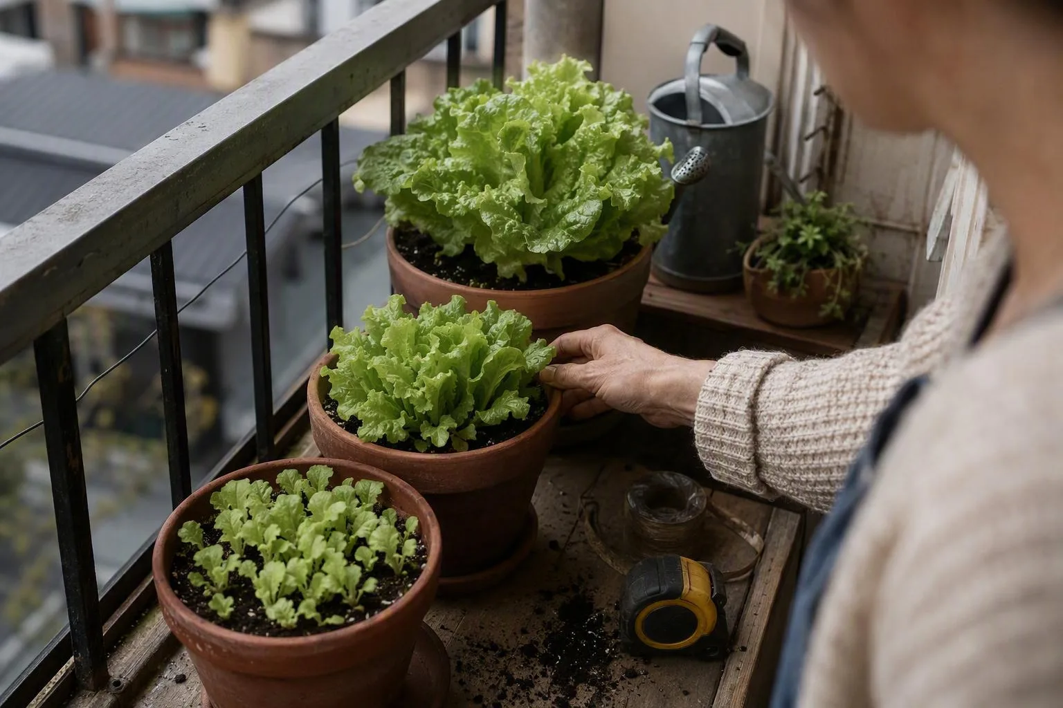 Separate balcony pots show lettuce at baby-leaf, young, and heading stages for staggered harvests.