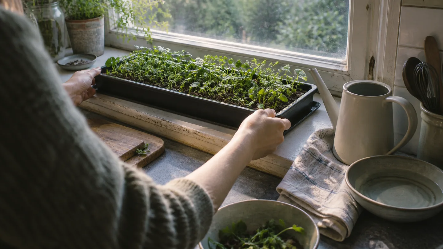 Seedlings fill a rectangular container beside a kitchen window, with water close by for a simple indoor setup.