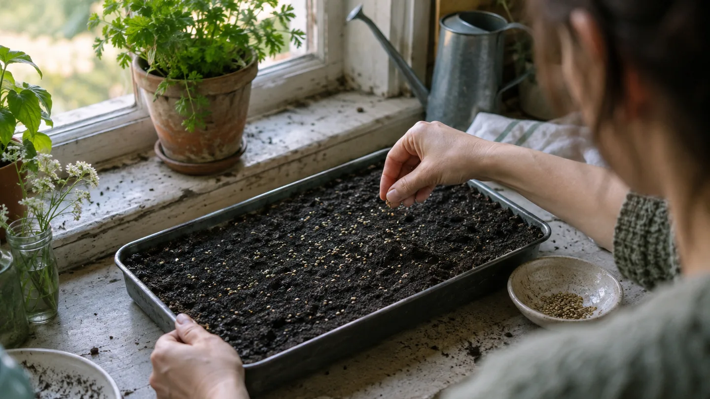 Hands spread seeds evenly over a prepared tray to encourage uniform growth.