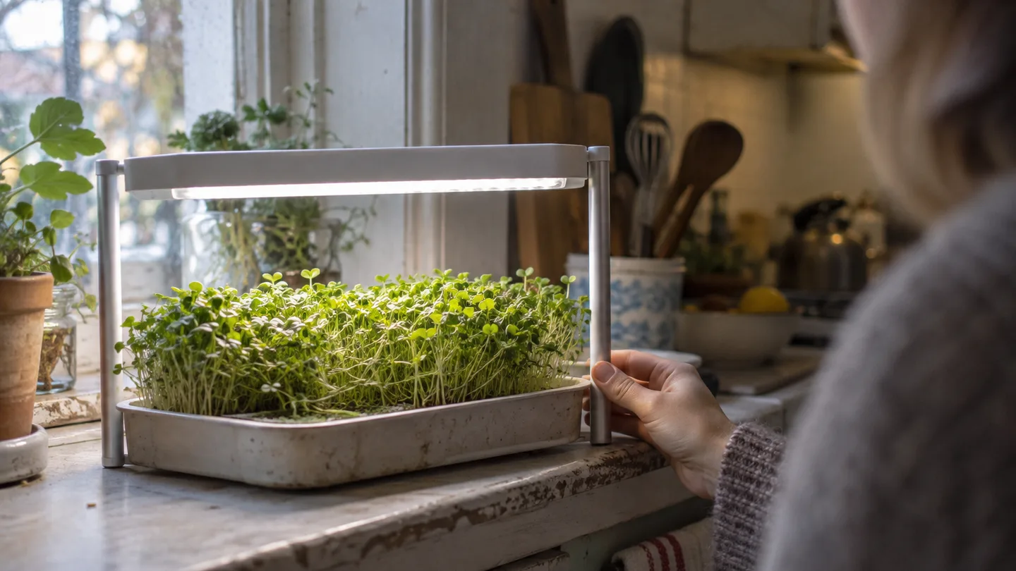 A white LED sits above a tray of dense young shoots, giving them steady light on a worn kitchen sill.