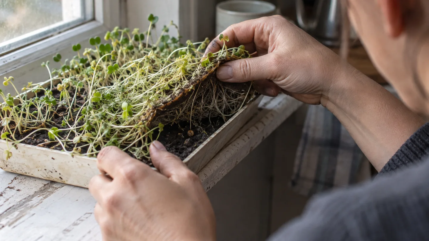 A hand lifts the seedling mat to check pale roots, damp growth, and leaning stems.