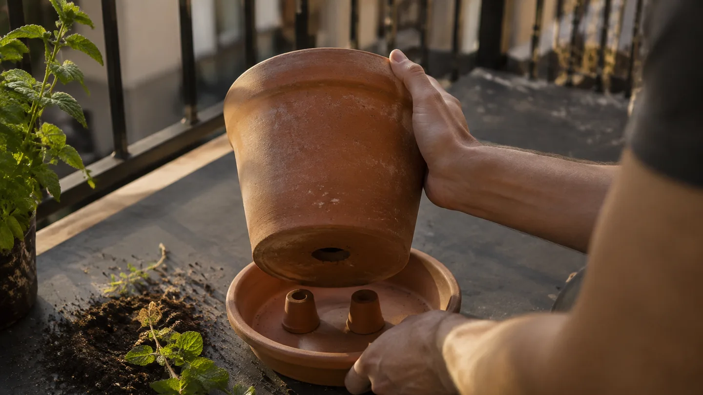 A raised terracotta pot shows an open drainage hole above loose mix, helping excess water escape from mint roots.