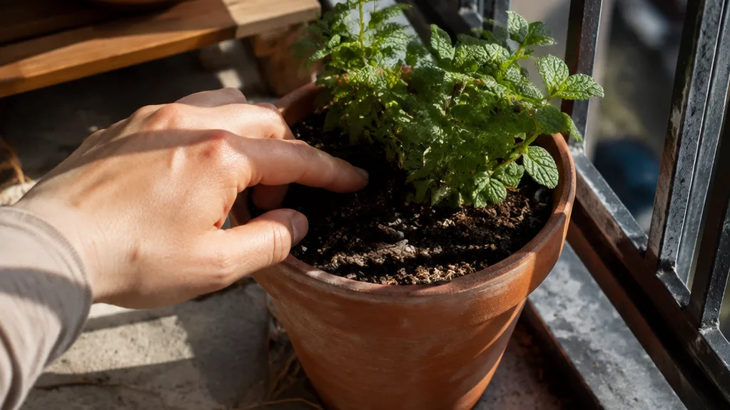 A hand checks the soil in a mint pot on a sunny apartment balcony before watering.