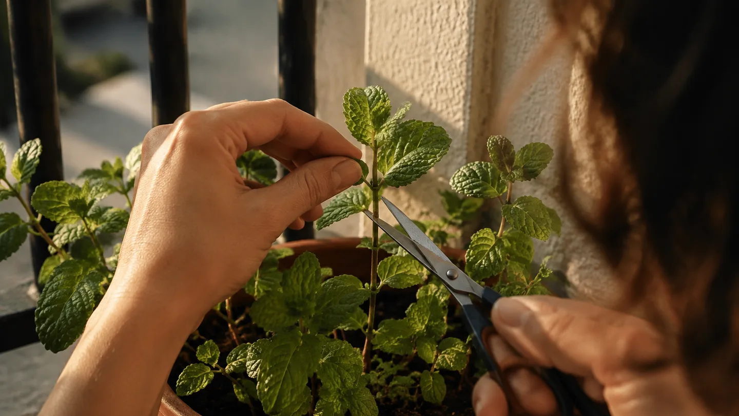 A hand trims a mint stem just above two leaves, showing where to harvest the plant.