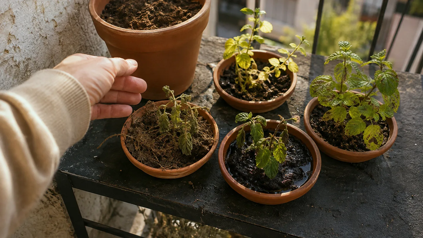 A hand compares four mint cuttings with dry or soaked soil, pale leaves and brown spots on a balcony.