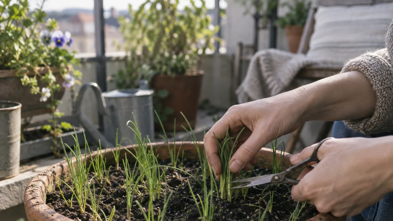A gardener checks the gaps between onion seedlings before thinning the crowded shoots with small scissors.