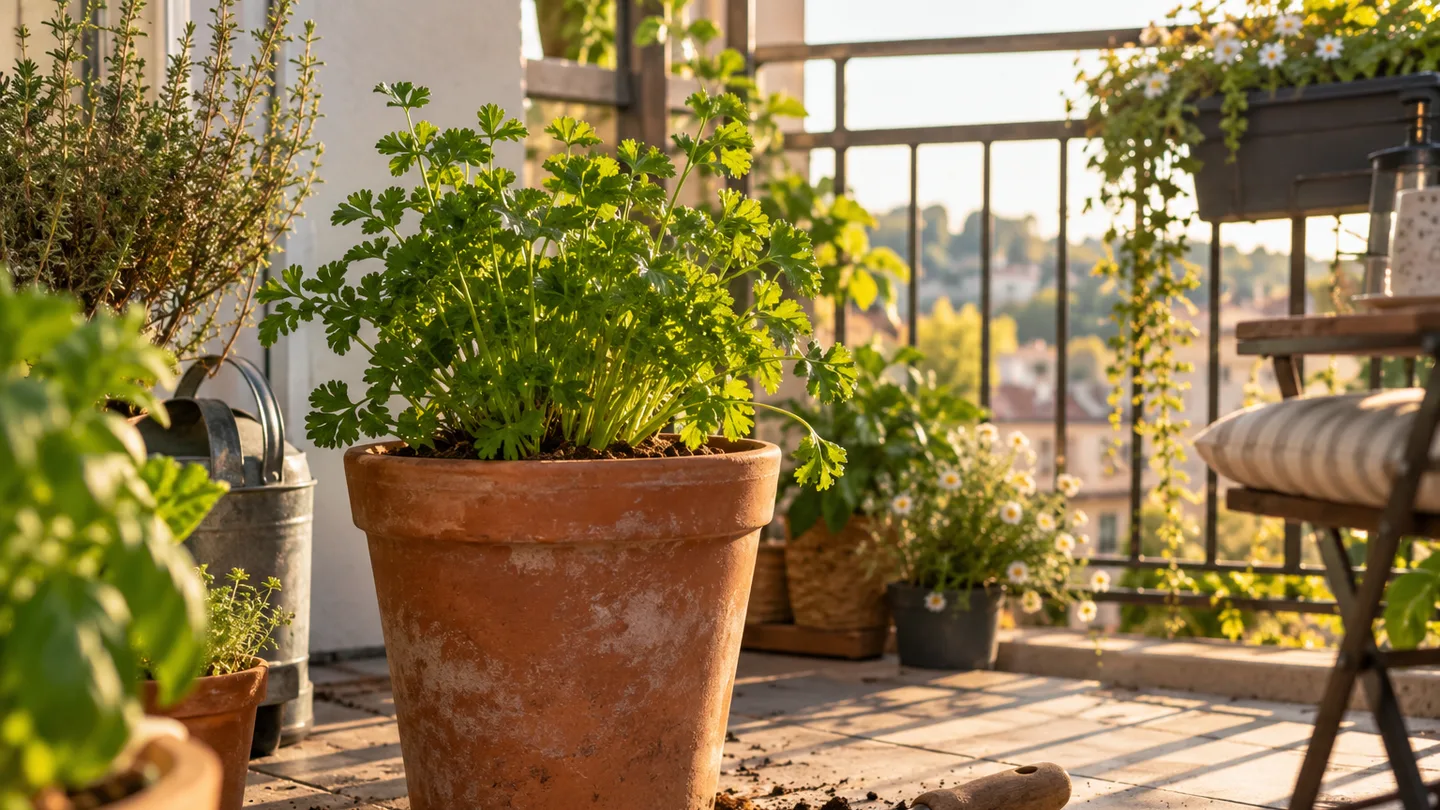 A healthy parsley plant grows in a deep terracotta pot beside a hand trowel on a small balcony.