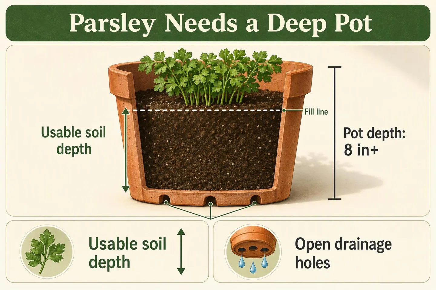 A pot cross-section shows parsley’s soil depth, fill line, minimum pot depth, and open drainage holes.