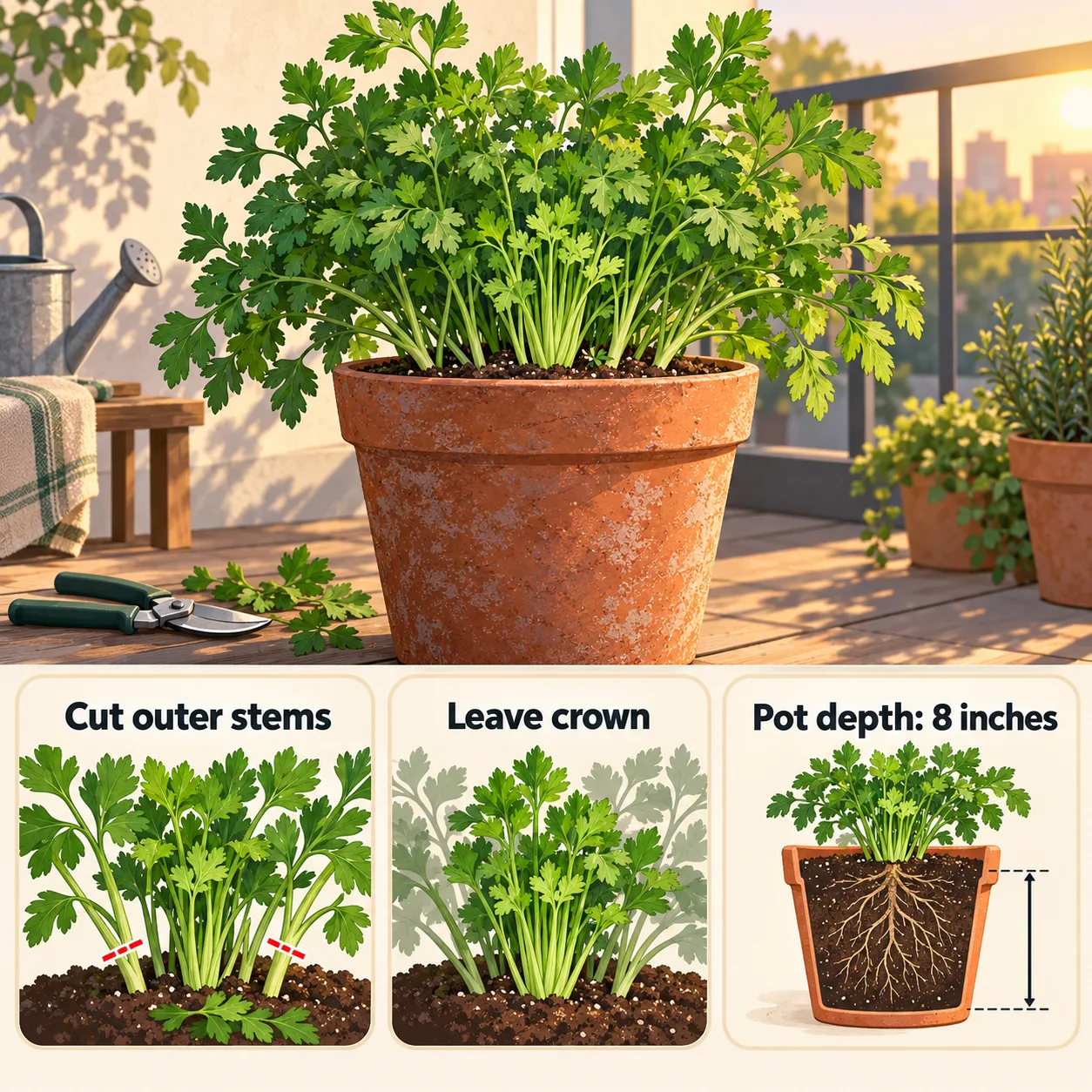 A parsley pot shows outer stems ready to cut while the central crown stays untouched.