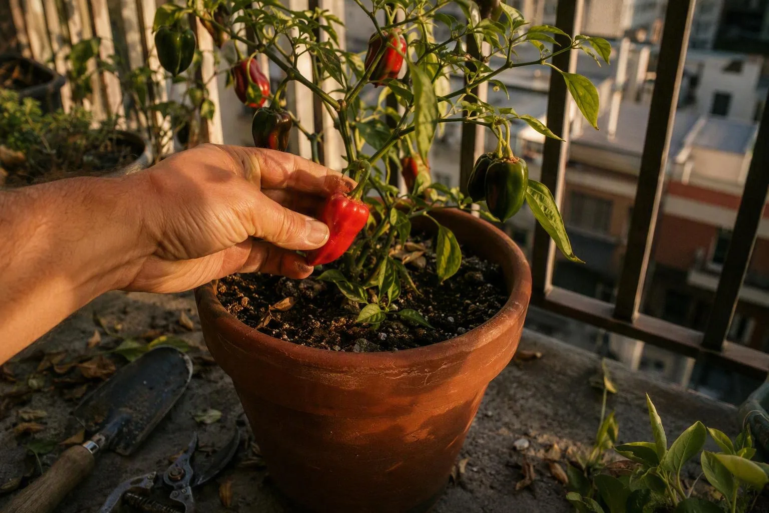 Compact pepper plant growing in a black container on a sunny balcony.