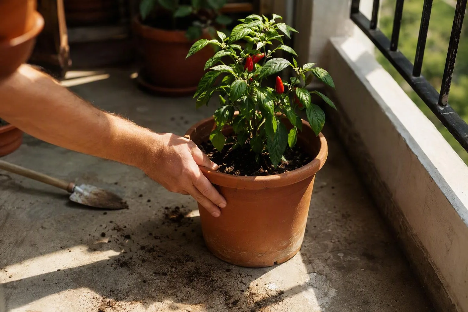 Young pepper transplant beside a bright balcony railing with a watering can.