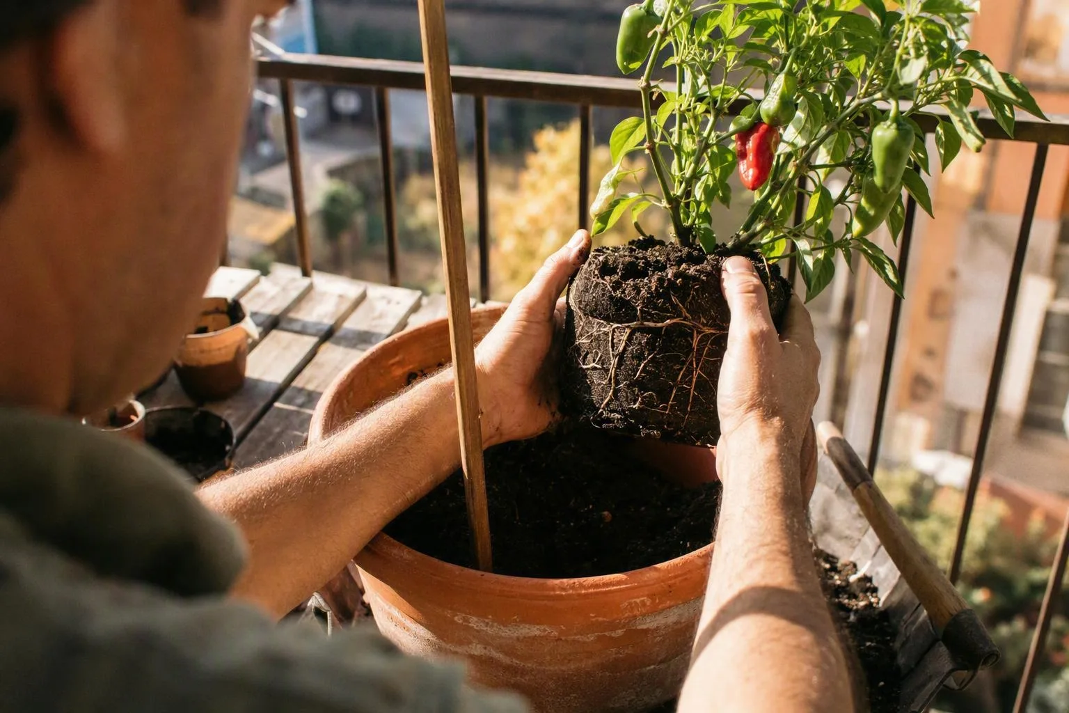 Hand lifting a pepper pot to judge its moisture before watering.