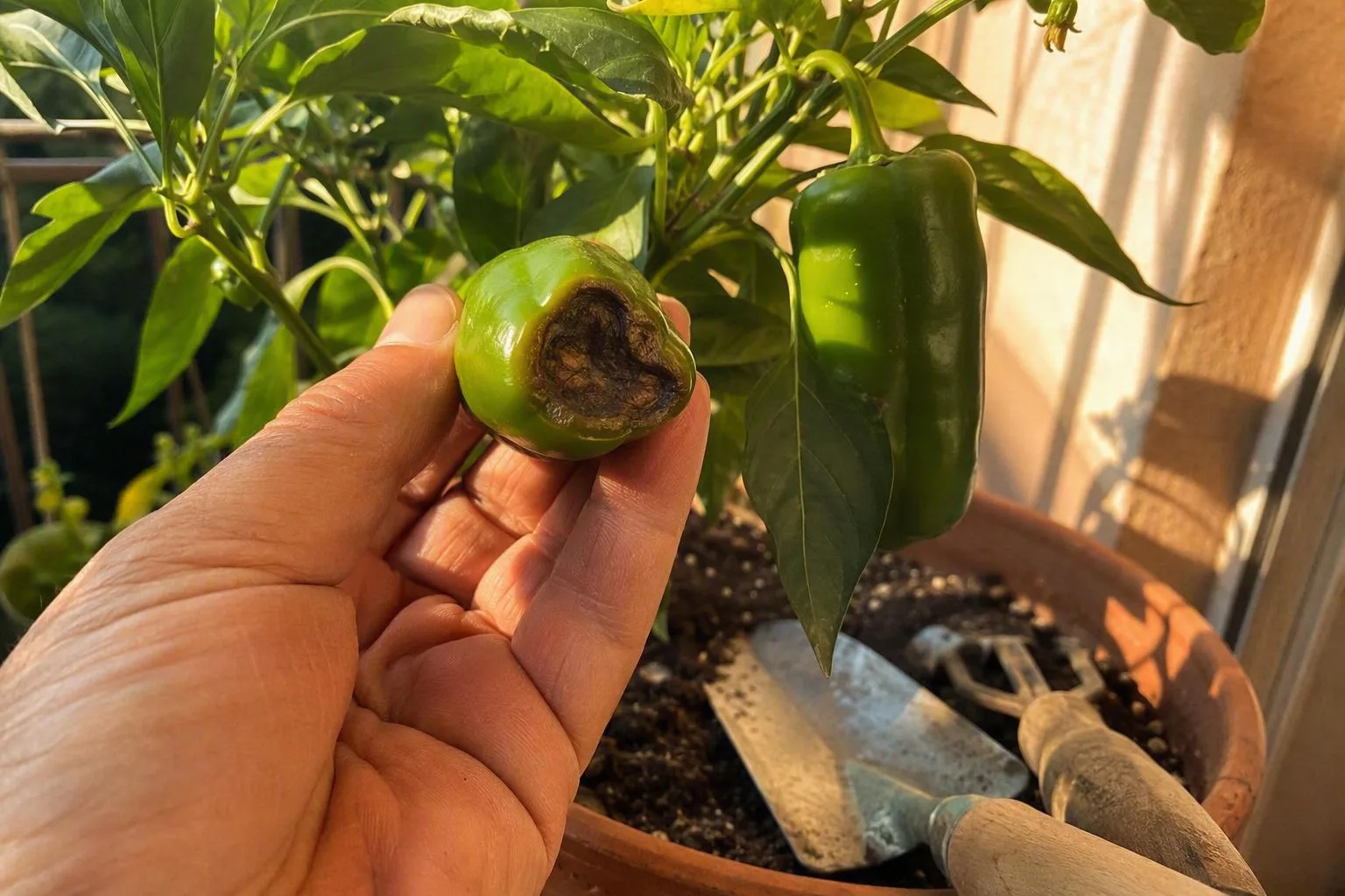 A green pepper shows a dark, sunken patch at its blossom end on a balcony plant.