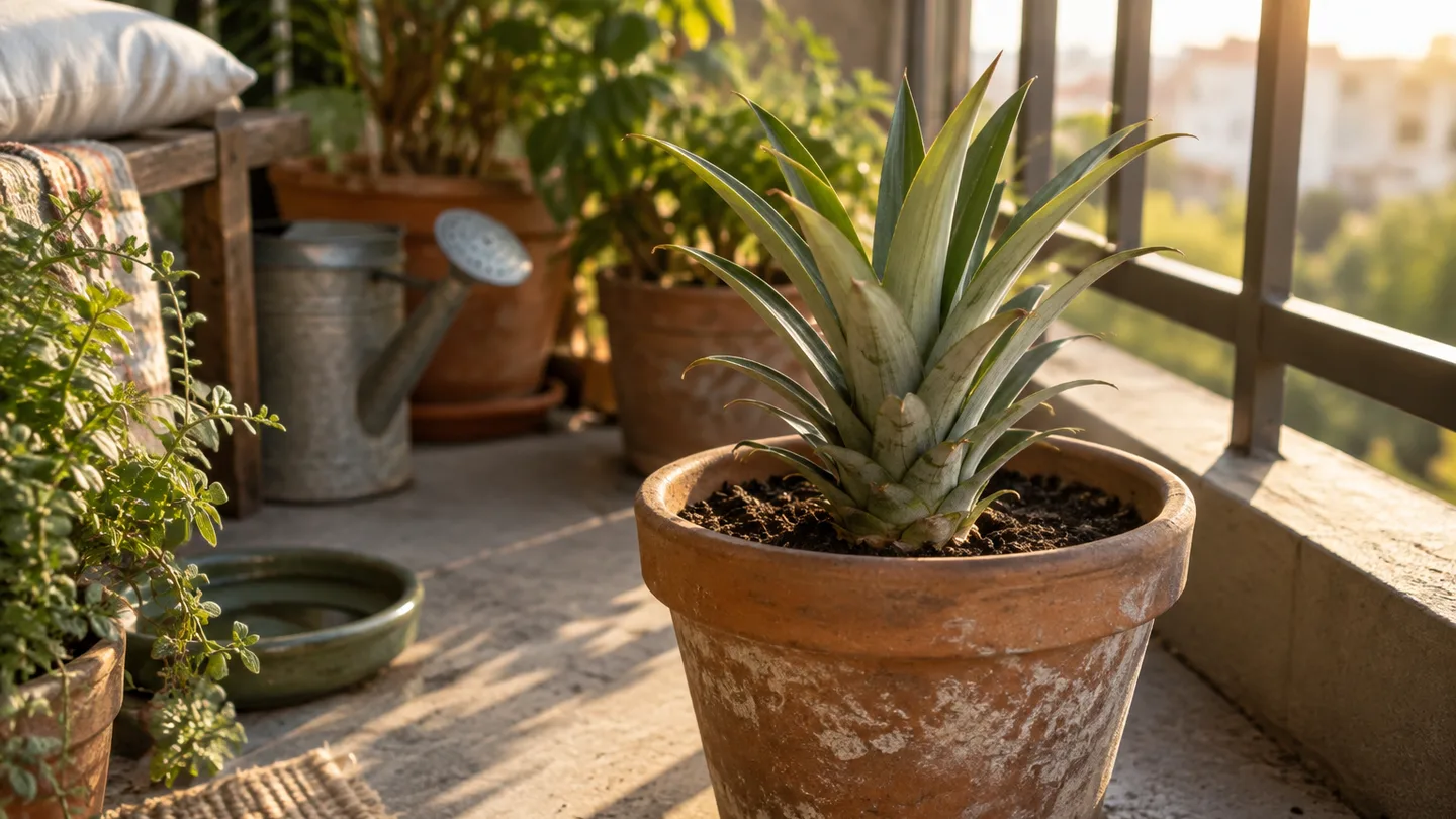 A pineapple crown sits just above the soil in a raised clay pot with a clear drainage hole.