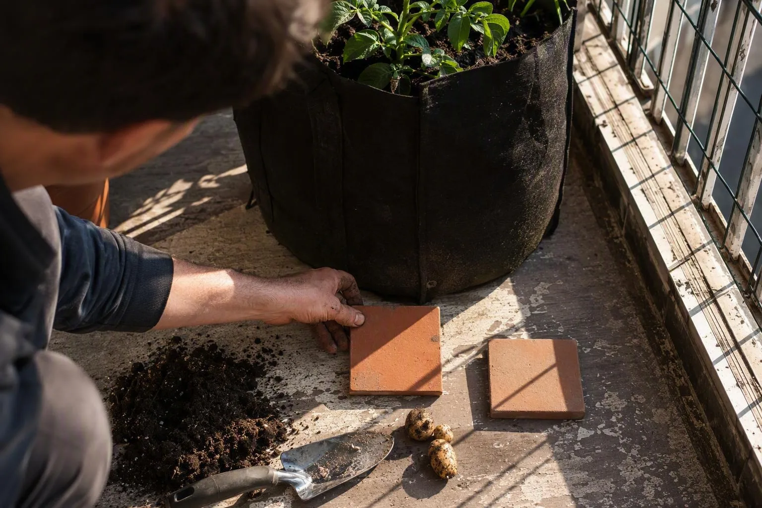 A terracotta marker straddles sunlight and balcony shade beside a potato grow bag.