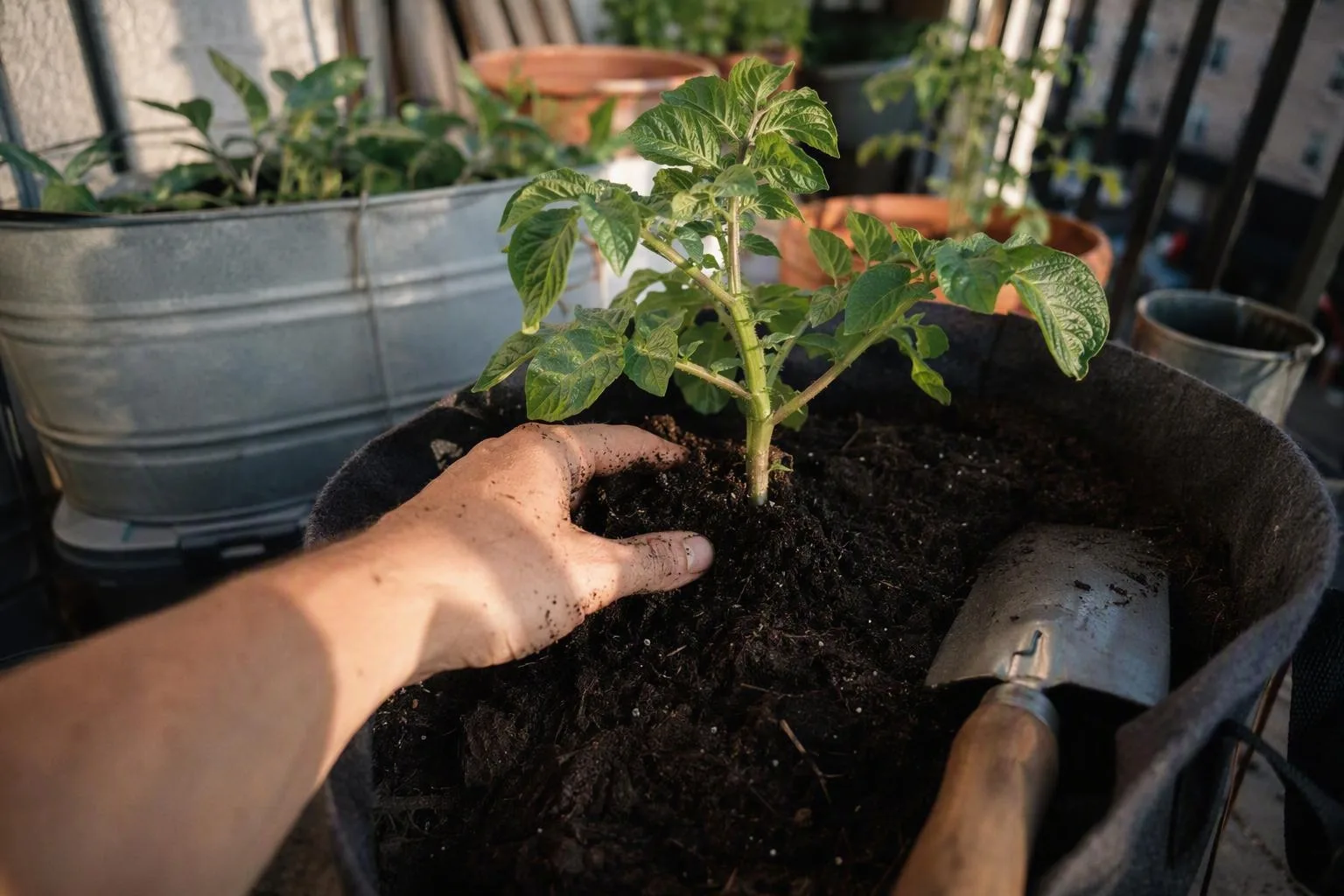 A hand adds soil around a young potato stem in a fabric grow bag, leaving its newest leaves above the mix.