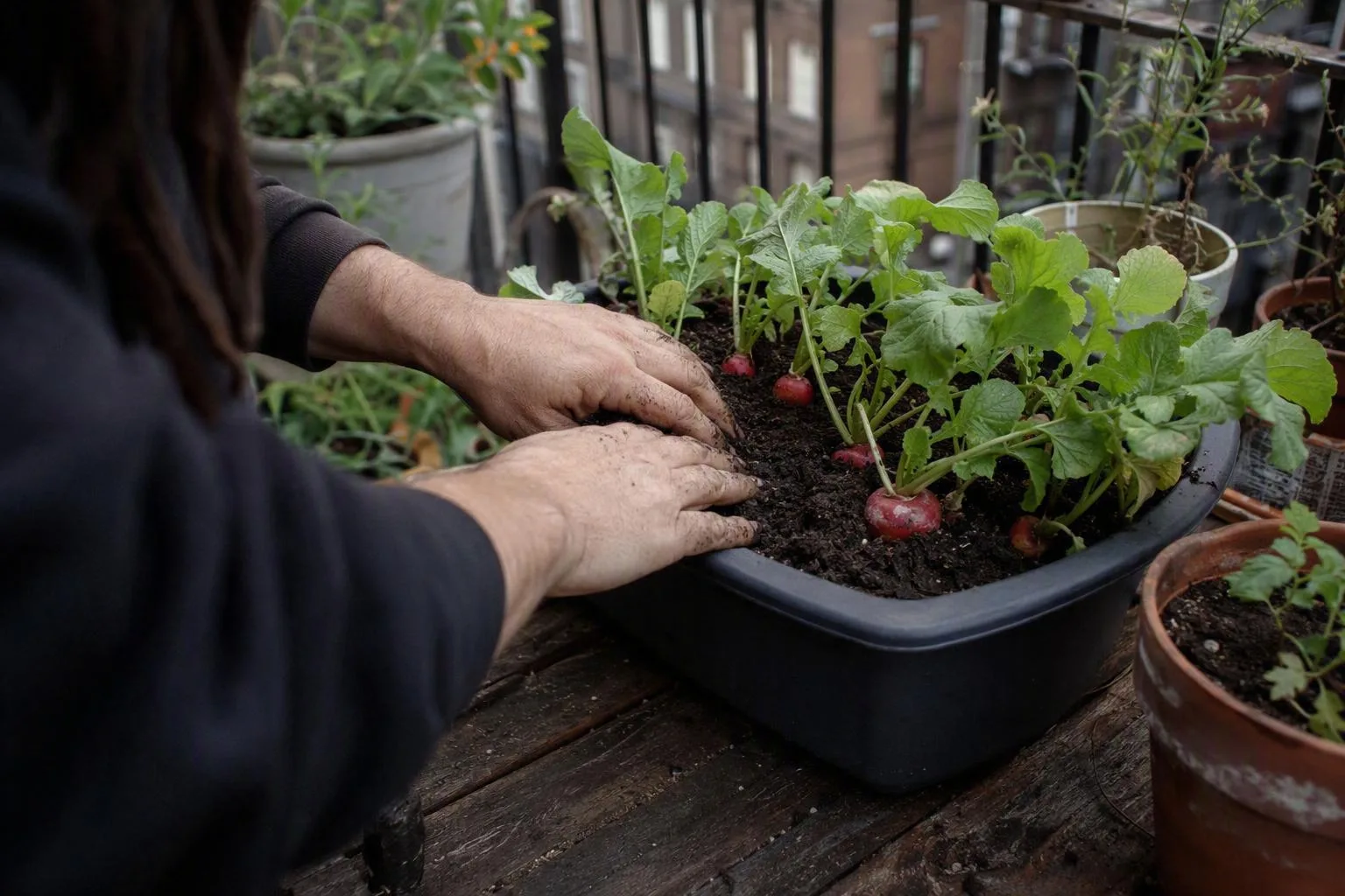 Round radishes growing densely in a shallow container on a balcony.