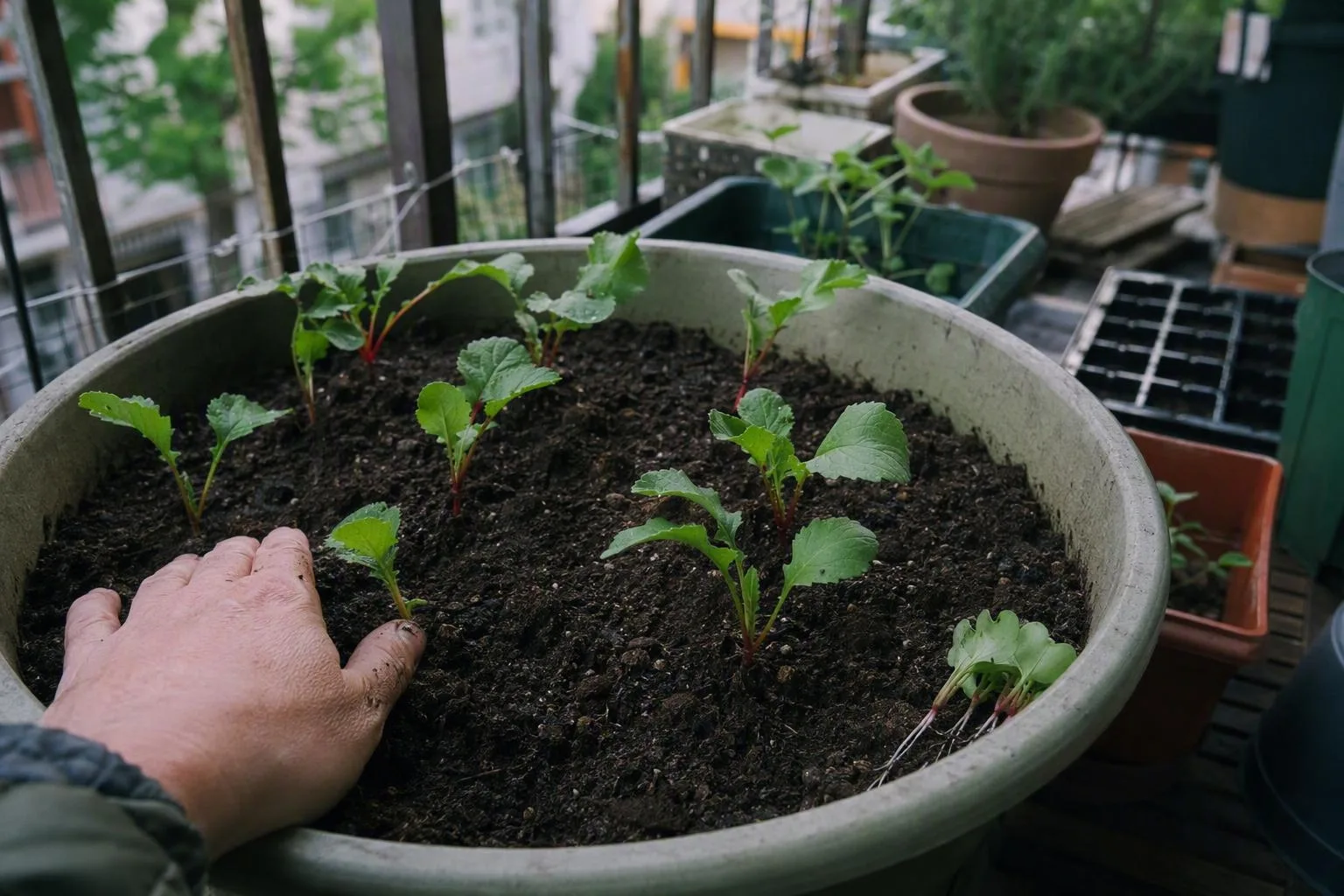 Round pots and a window box show different planting arrangements for radishes.