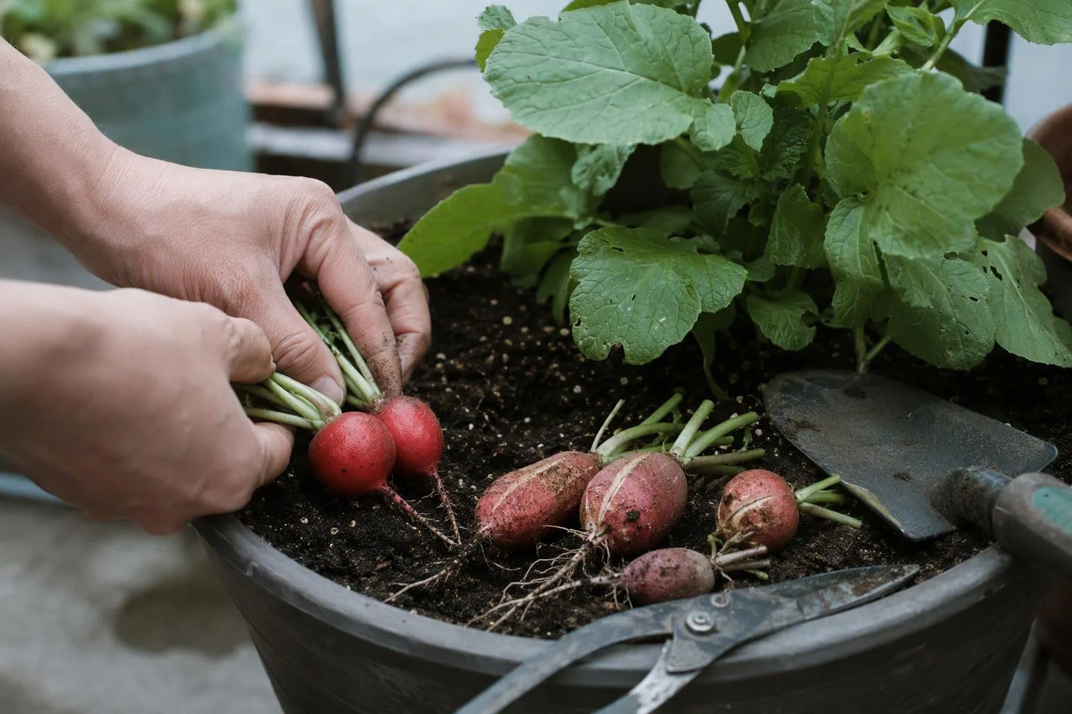 Healthy and cracked radishes sit beside an oversized leafy plant, offering clues about container-growing problems.