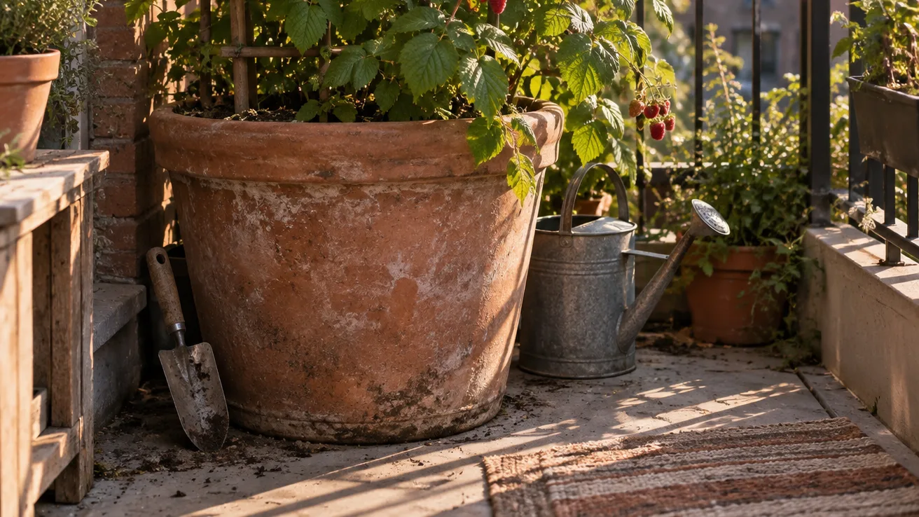 A large planter of raspberry canes stands in a bright balcony corner beside a trellis and worn tools.