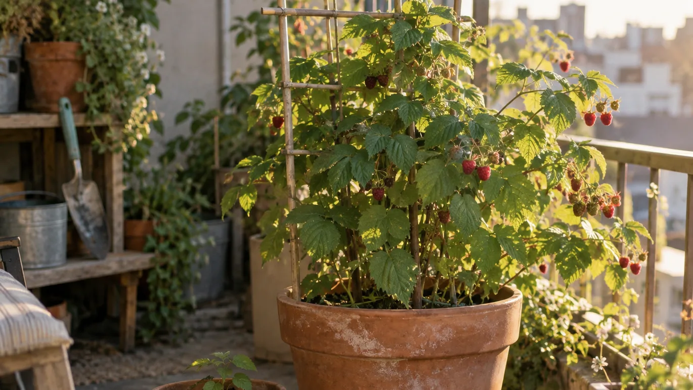 An established raspberry plant in a deep pot stands beside a much smaller starter pot on a lived-in balcony.