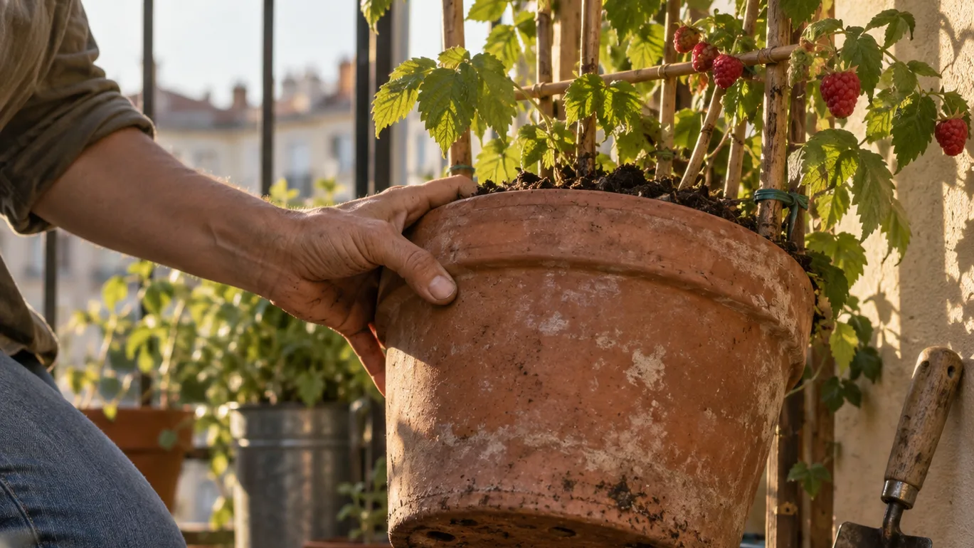 A raspberry pot is raised above an empty saucer, showing open soil and drainage holes for healthy roots.