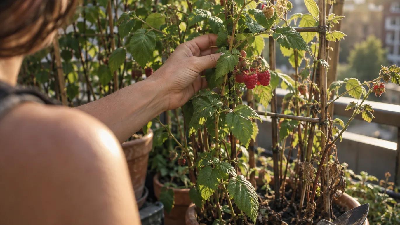 Ripe raspberries hang from tied canes with open space between stems for healthy airflow.