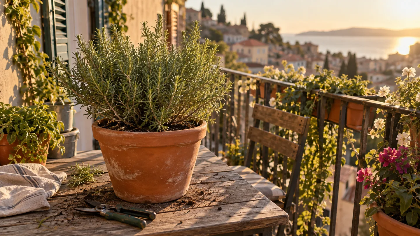 A healthy rosemary plant fills a terracotta pot on a sunny balcony beside pruning shears and dry soil.