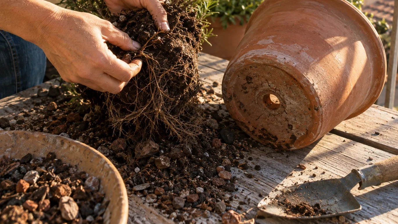 Hands inspect a rosemary root ball beside a terracotta pot with a visible drainage hole and loose, dry mix.